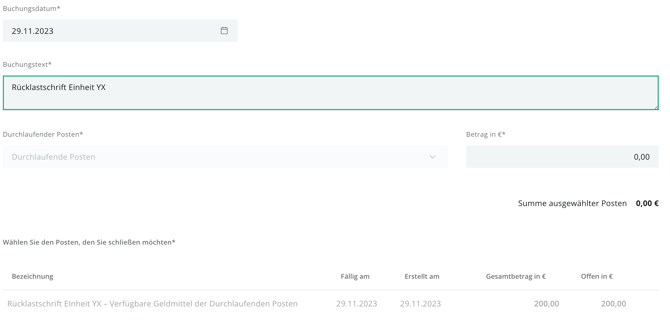 Rücklastschrift Einheit YX