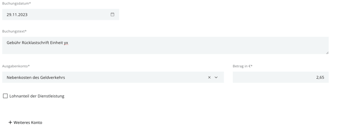 Gebühr Rücklastschrift Einheit YX