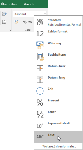 Klicken Sie in Excel auf der Registerkarte "Start" in der Gruppe "Zahl" auf den Dropdownpfeil des Felds "Allgemein", und wählen Sie dann das Zahlenformat aus, das Sie verwenden möchten.